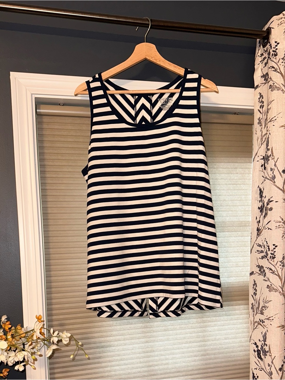 Time and Tru Navy and White Striped Tank Top